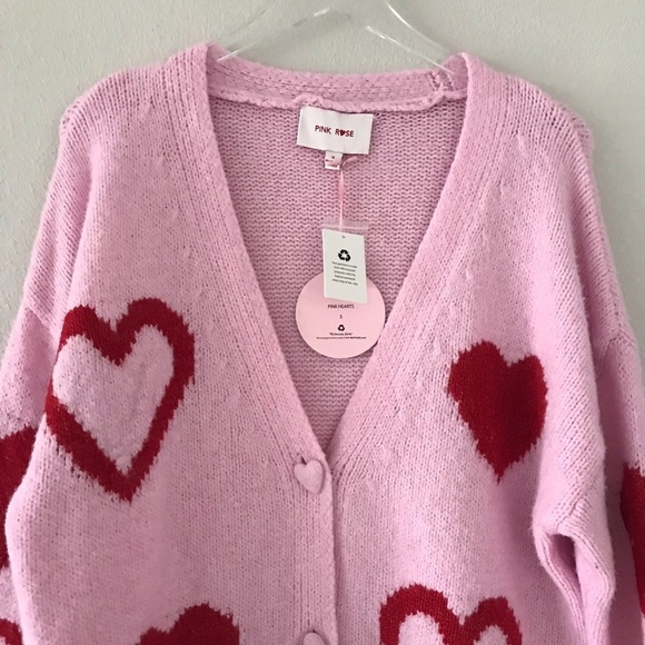 Pink & Red Hearts Printed Slouchy Stretchy Heart Buttoned Cardigan Size S - Picture 7 of 9